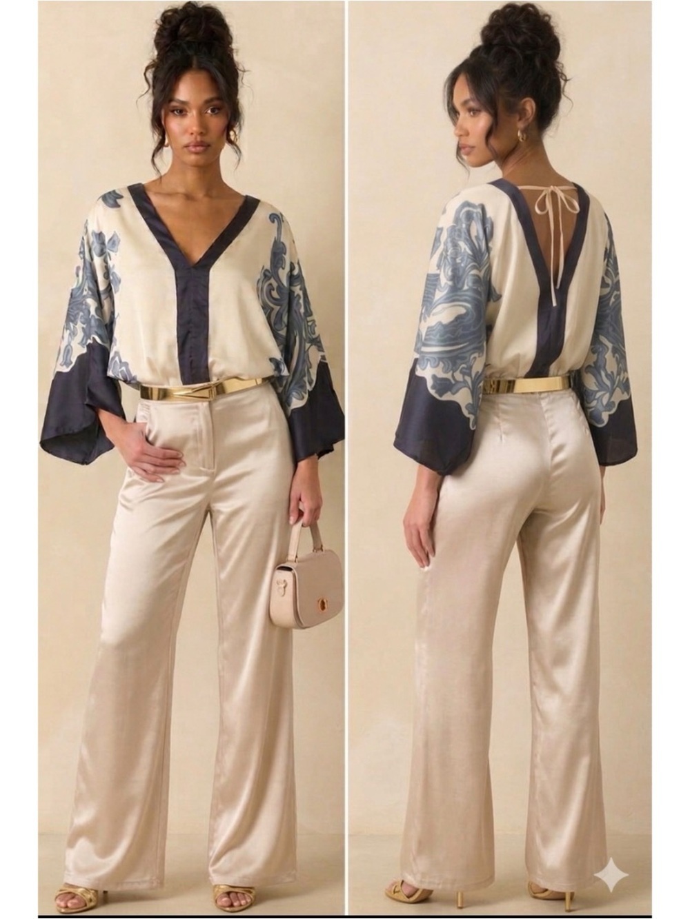 Strut & Bolt Baroque Border Print Kimono Sleeves Satin Open Back Bodysuit  S